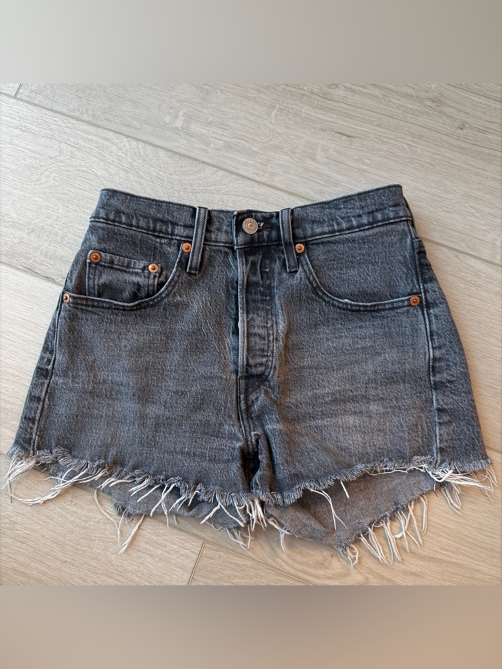 Levi's Black Washed High-Rise Frayed Hem Denim Shorts
